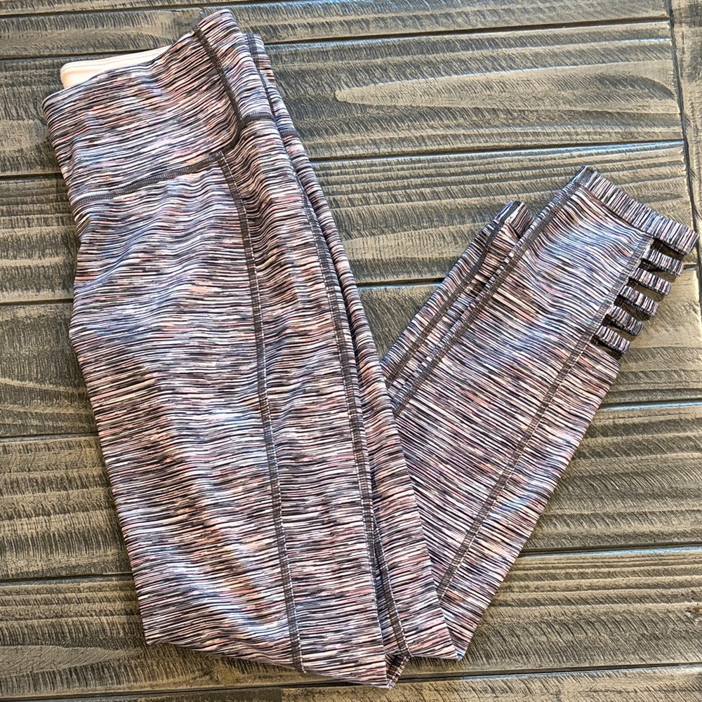 Ideology Heathered Pink and Gray Striped Active Leggings with Ankle Strap Detail